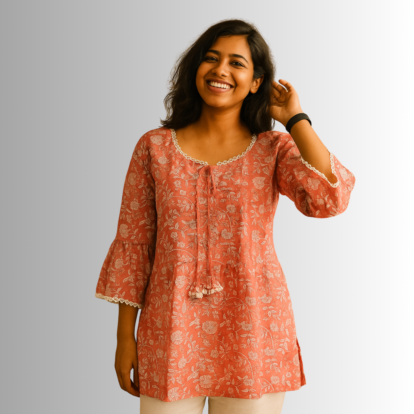 Rust Floral Cotton Kurti