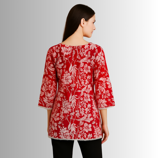 Red Floral Hand-Printed Kurti