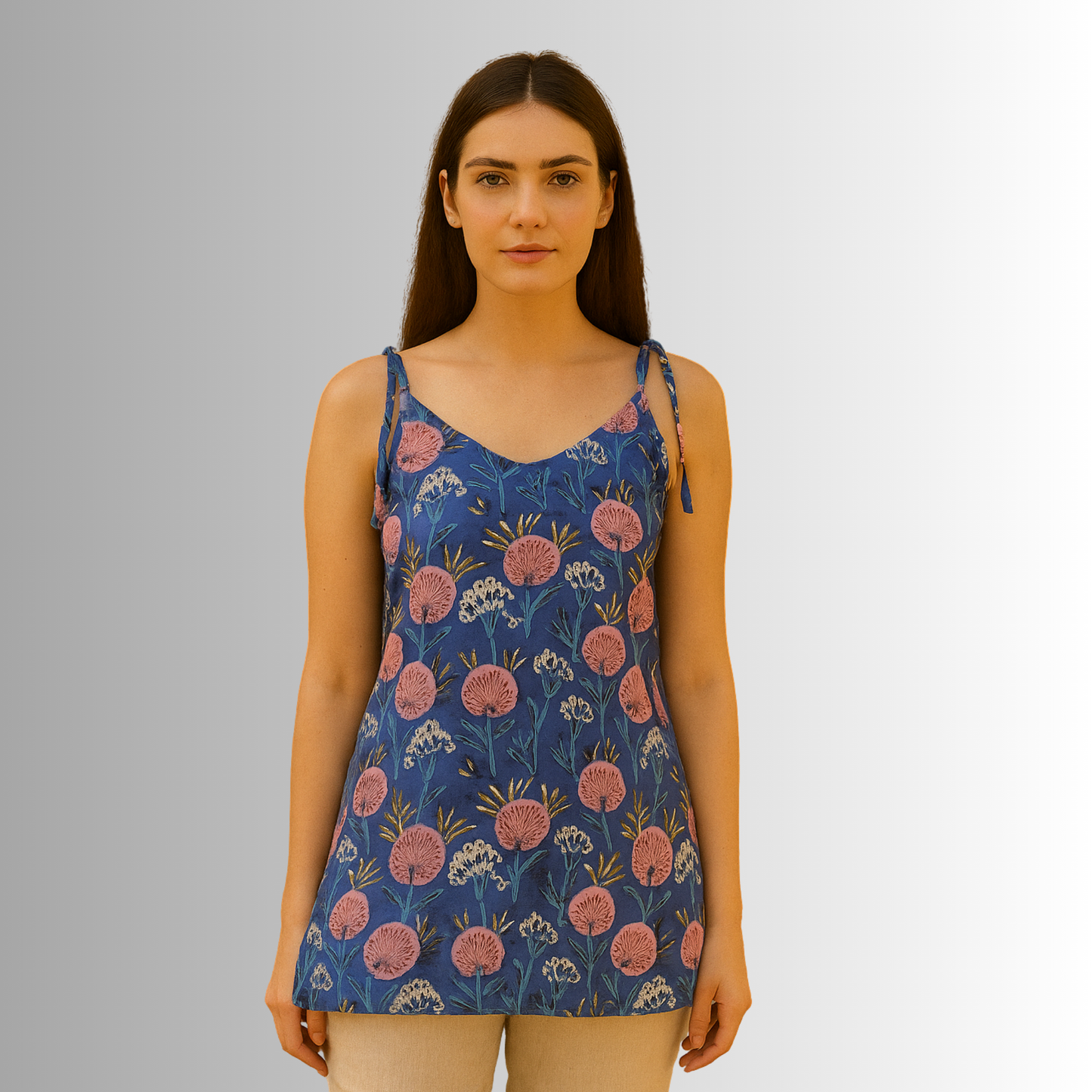 Blue Floral Printed Strappy Kurti