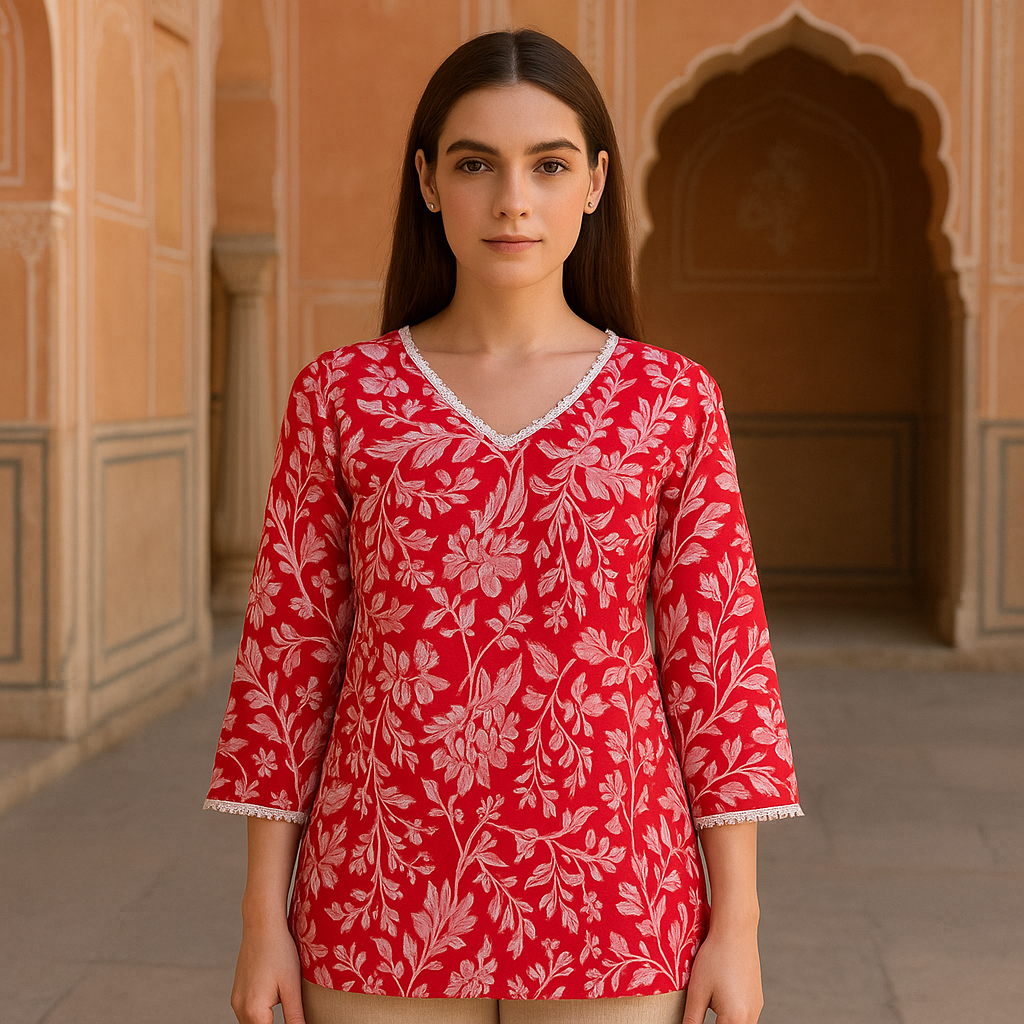 Red Floral Hand-Printed Kurti