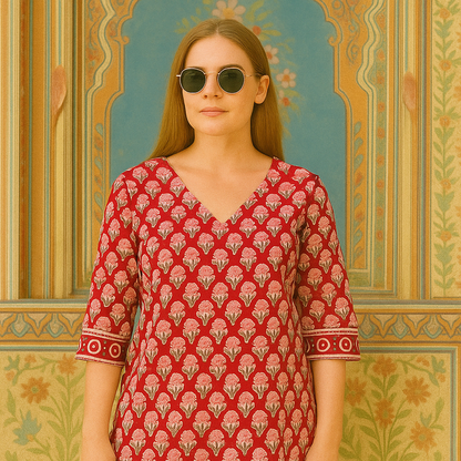 Elegant Red Printed Cotton Kurti