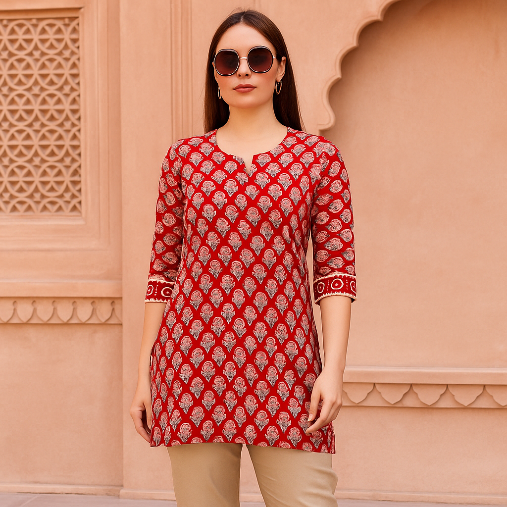 Elegant Red Printed Cotton Kurti